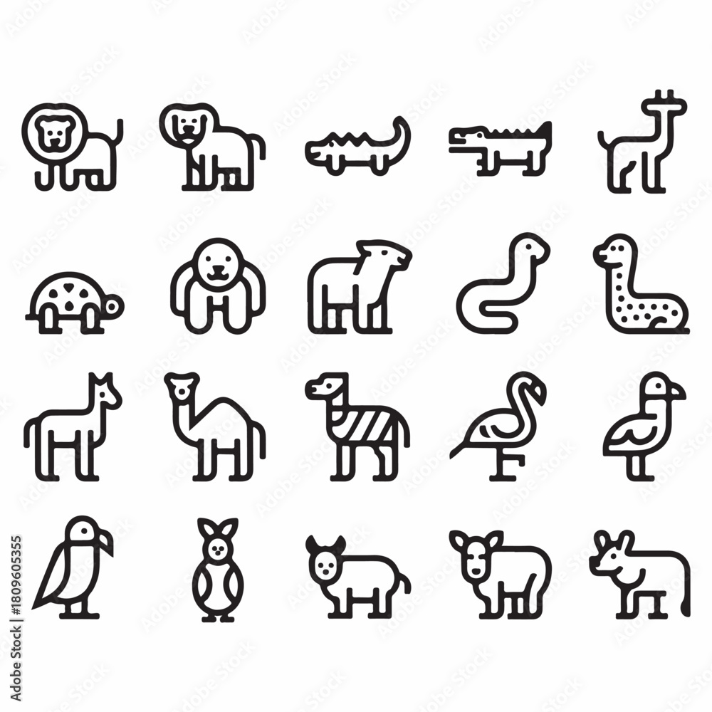 Naklejka premium Set of minimalistic outline animal icons representing wildlife diversity