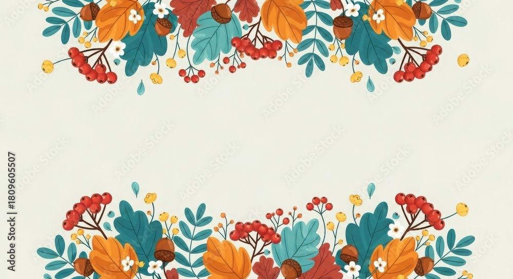Obraz premium Autumn botanical border design with colorful leaves and berries.