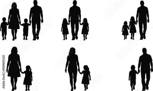 A diverse collection of black family silhouettes showing parents and children walking together and holding hands, representing family units and togetherness