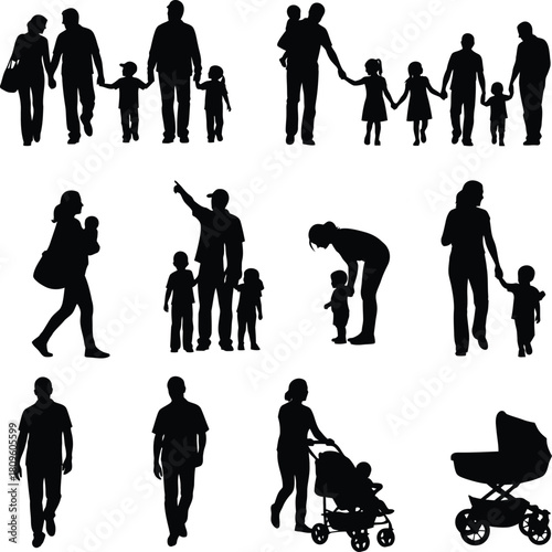 Family Silhouettes Parents with Children, Strollers, and Generations of People