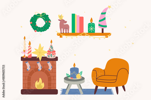 Cozy christmas room with fireplace wreath and orange armchair