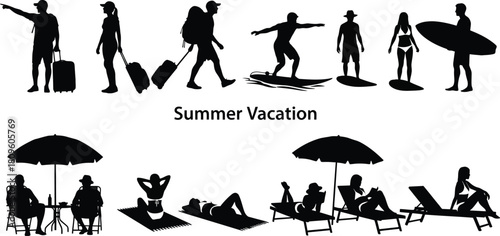 Silhouette Summer Vacation Fun Figures Enjoying Beach and Travel Activities