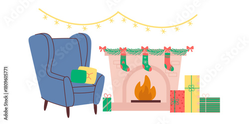 Cozy christmas living room with fireplace and blue armchair