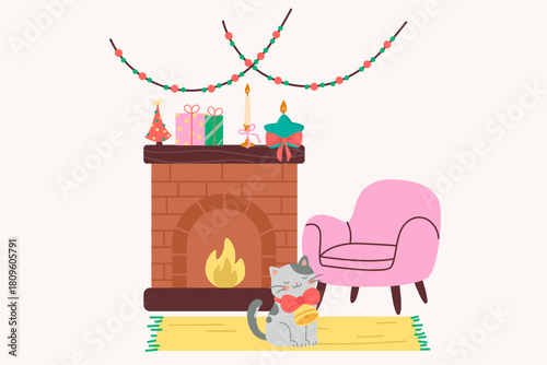Cozy festive interior with decorated shelves fireplace and cat