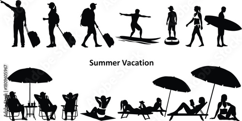 Dynamic silhouettes illustrating a comprehensive range of summer vacation and leisure activities, featuring travelers, beachgoers, and water sports enthusiasts enjoying their holidays