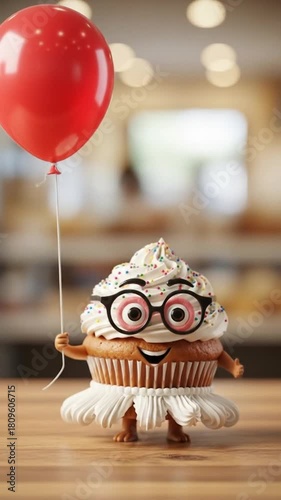 Animated cupcake character holding a red balloon, perfect for birthday celebrations and sweet treat promotions, full of fun and whimsical delight