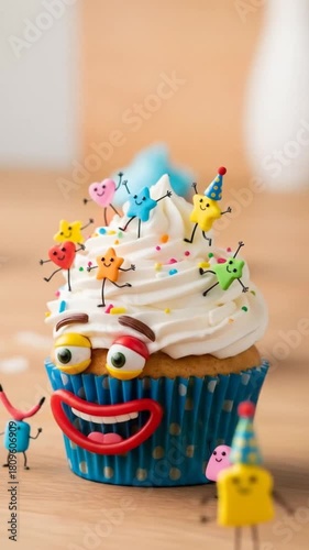 Delightful cupcake character animation with dancing stars and hearts, perfect for playful kids' content and cheerful birthday greetings