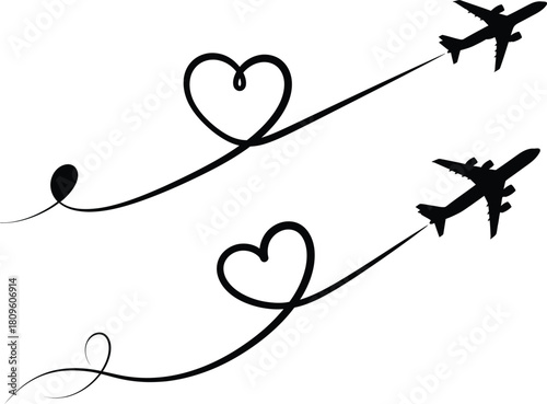 Embrace the Romantic Journey Silhouetted Airplanes Soaring, Leaving Heart-Shaped Trails That Symbolize Love and Connection in Every Flight