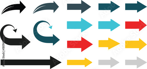Collection of arrow icons in various styles and colors for design and navigation