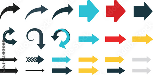 Versatile vector arrow icon collection featuring diverse styles and colors, ideal for guiding direction, indicating navigation, and illustrating progress in digital design