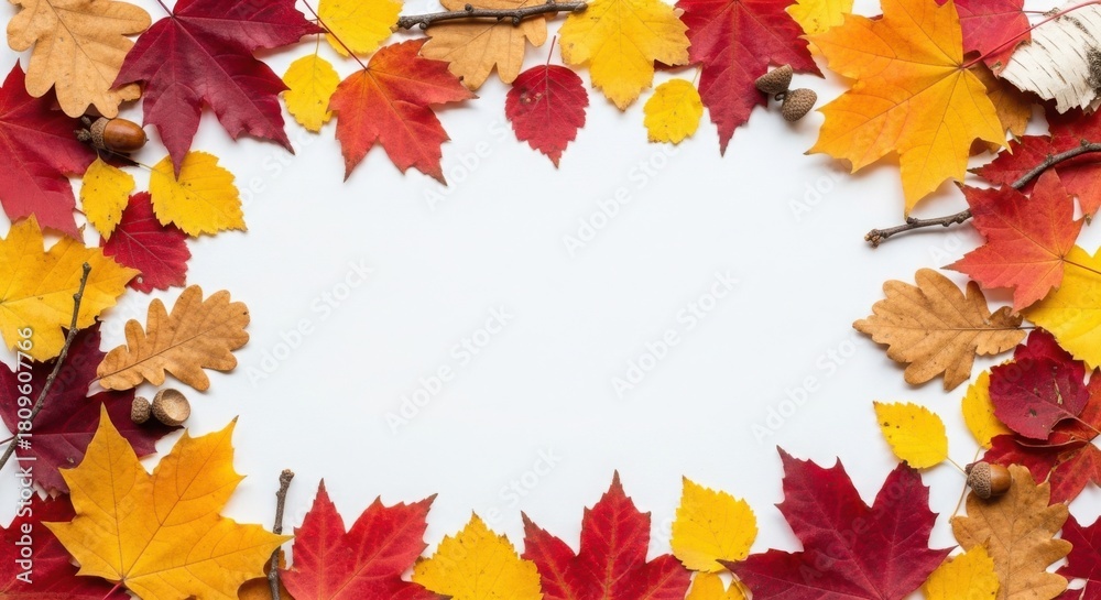 Fototapeta premium Vibrant autumn leaves frame border with white background space