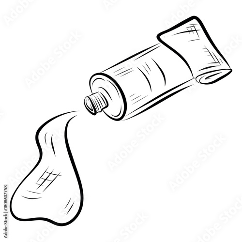 Cosmetic tube pouring lotion illustration. Flowing cream from tube sketch. Squeezed beauty tube spilling product