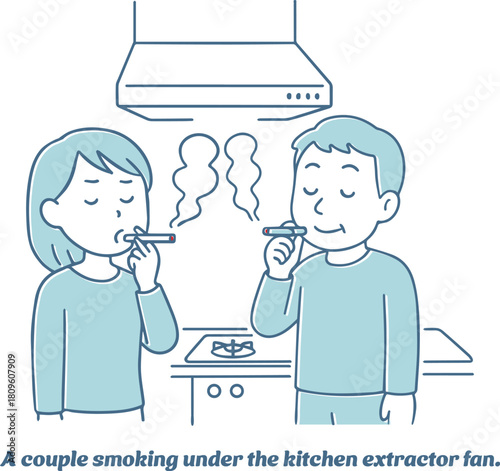 換気扇の下でタバコを吸っている夫婦のイラスト
Illustration of a couple smoking under a ventilation fan