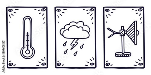 Three cards depict weather symbols: thermometer, storm, and anemometer.