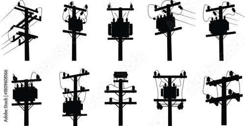 Vector silhouette set of electric utility poles, transformers, and overhead power lines for industrial energy distribution grid.