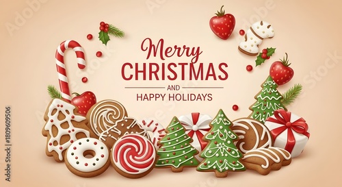 Merry Christmas holiday greeting with festive decorated cookies and candy cane perfect for seasonal celebration cards