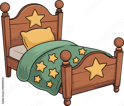 Cozy wooden children s bed with star themed bedding and a yellow pillow
