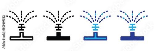 Set of four irrigation sprinkler icons in different styles, symbolizing watering, agriculture, gardening, and lawn care, clean and modern design elements