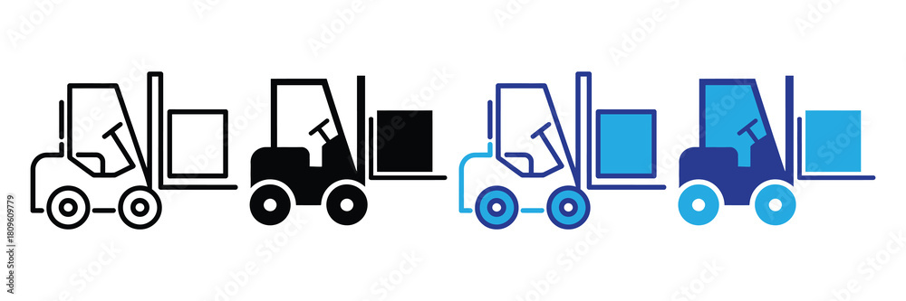 Naklejka premium Set of forklift icons illustrating logistics and material handling with boxes in various styles: outline, solid black, and blue color variations, isolated on white