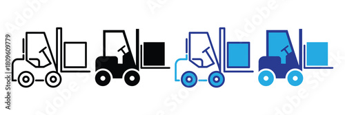 Set of forklift icons illustrating logistics and material handling with boxes in various styles: outline, solid black, and blue color variations, isolated on white