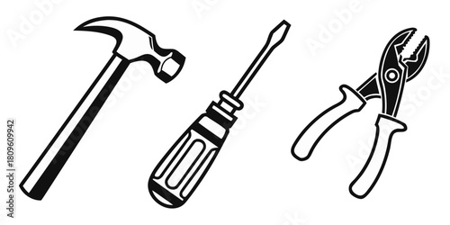 A hammer, screwdriver, and pliers are tools for construction and repair.