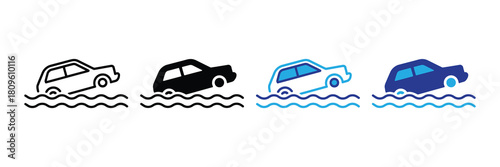 Set of car icons submerged in water, representing flood damage, car wash, or water hazard in various styles and colors