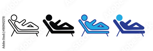 Diverse icon set depicting a person reclining on a lounge chair in outline, solid black, bright blue, and dark blue variations on a clean white background.