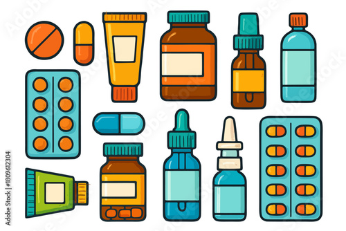 A simple flat styled illustration showcasing a variety of medicine, pills, and health care products. Perfect for use in health related content, medical websites, or any design requiring pharmaceutical