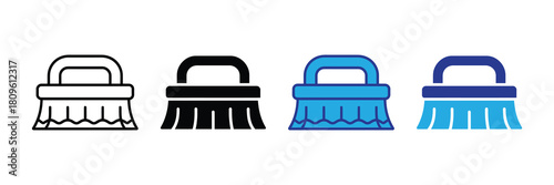 Set of four cleaning brush icons, line, solid, blue filled and blue outline variations, isolated on white background