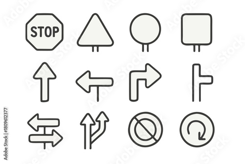 Collection of minimalist line art icons depicting various road and traffic signs. Perfect for use in navigation apps, user interfaces, and graphic designs requiring clear and simple sign