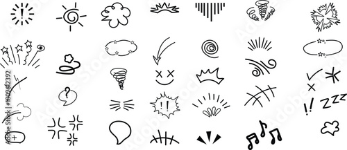 expression sign. comic doodle elements, cartoon speech bubble, manga expression symbols, question and exclamation mark, star sparkle, swirl and explosion. vector anime