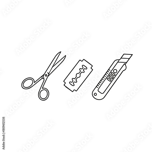 A minimalist outline icon set featuring a pair of scissors, a razor blade, and a utility knife. Great for designs requiring tools illustration	