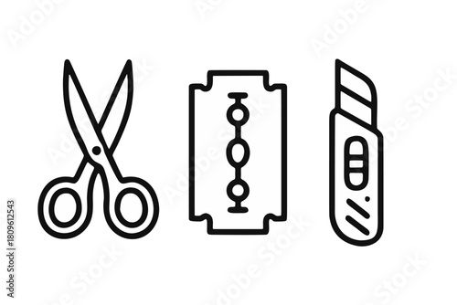 A collection of simple outline style illustration containing scissors, razor blade and cutter, ideal to represent safety or craft concept.	