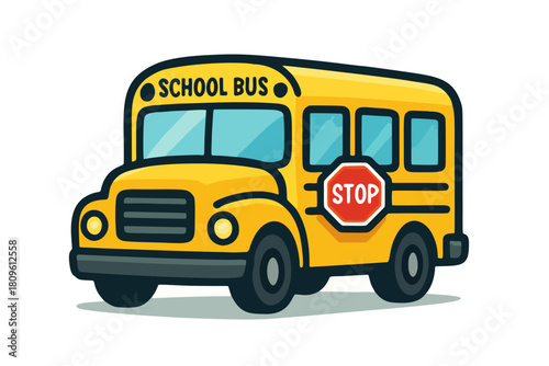 An illustration of a cartoonish yellow school bus with a stop sign. The design features a simple, flat style with a clean outline, suitable for educational materials, transportation themes