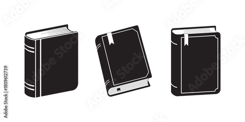 Science book icons, simple stylized black book design, classic and modern book icons, collection of book icons, vector illustration 