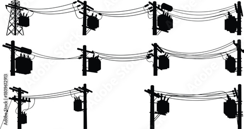 Vector silhouettes of electric power lines, utility poles with transformers, and transmission towers for energy grid distribution infrastructure.