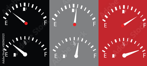 Gas and fuel gauge meter full and empty icon. Power and speed measurement concept vector illustration. Car dial petrol gasoline dashboard
