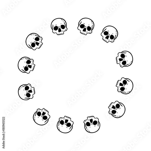 Skull circle frame in black line art illustration