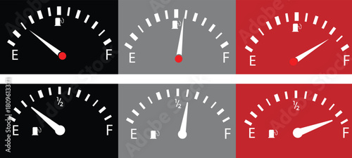Gas and fuel gauge meter full and empty icon. Power and speed measurement concept vector illustration. Car dial petrol gasoline dashboard
