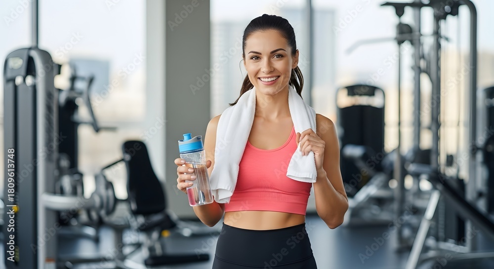 Obraz premium Fitness enthusiast in gym setting with towel and water bottle promoting active lifestyle and wellness