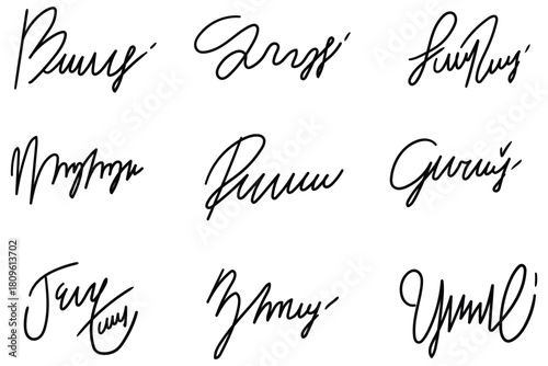Hand-drawn doodle set of signatures on a white background.