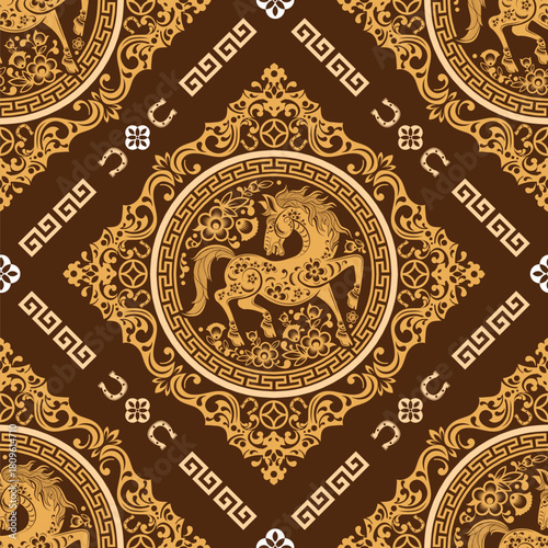 
Seamless pattern happy chinese new year 2026 the horse zodiac sign with asian elements paper cut style on color background. ( Translation : happy new year 2026 year of the horse )