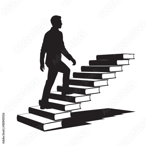 Silhouette of a man walking up a staircase made of books