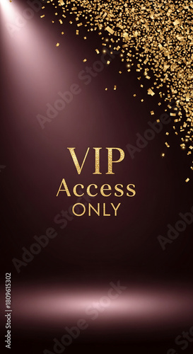 Spotlit dark background with falling golden confetti. Features the golden text 