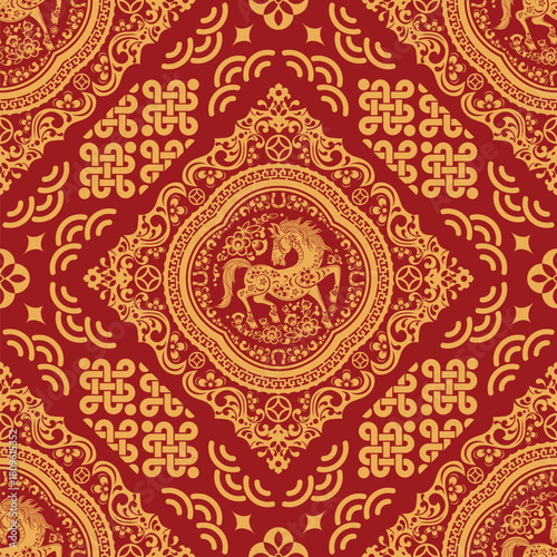 
Seamless pattern happy chinese new year 2026 the horse zodiac sign with asian elements paper cut style on color background. ( Translation : happy new year 2026 year of the horse )