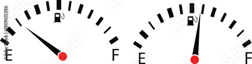 Gas and fuel gauge meter full and empty icon. Power and speed measurement concept vector illustration. Car dial petrol gasoline dashboard
