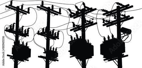 Detailed vector silhouette of electric utility poles with transformers and complex overhead power lines for industrial energy distribution grid.