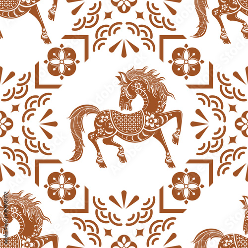 
Seamless pattern happy chinese new year 2026 the horse zodiac sign with asian elements paper cut style on color background. ( Translation : happy new year 2026 year of the horse )