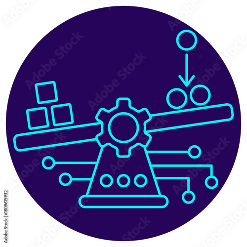 AI Data Balancing icon. Vector thin line illustration on a round dark blue background. Intelligent mechanism (gear) of evaluating and re-weighting heterogeneous data classes (cubes vs. circles)