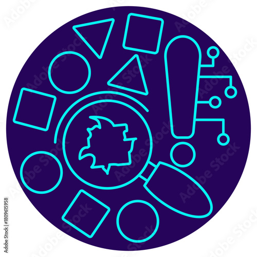 AI Data Defect Detection icon. Vector thin line illustration on a round dark blue background. Magnifying glass searches for broken patterns in diverse data to ensure the quality of AI input